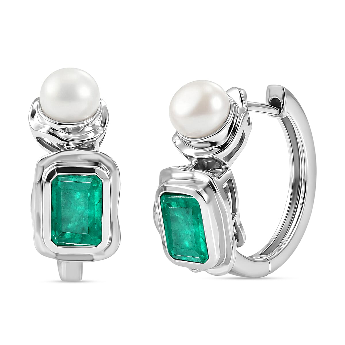 GP Emeraldine Triplet Quartz, Fresh Water Pearl & Kanchanaburi Blue Sapphire Full Hoop Earring in Rhodium Overlay Sterling Silver 3.90 Ct.