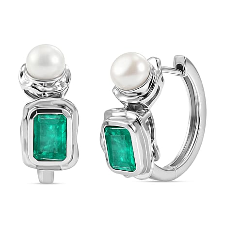 GP Emeraldine Triplet Quartz, Fresh Water Pearl & Kanchanaburi Blue Sapphire Full Hoop Earring in Rhodium Overlay Sterling Silver 3.90 Ct.