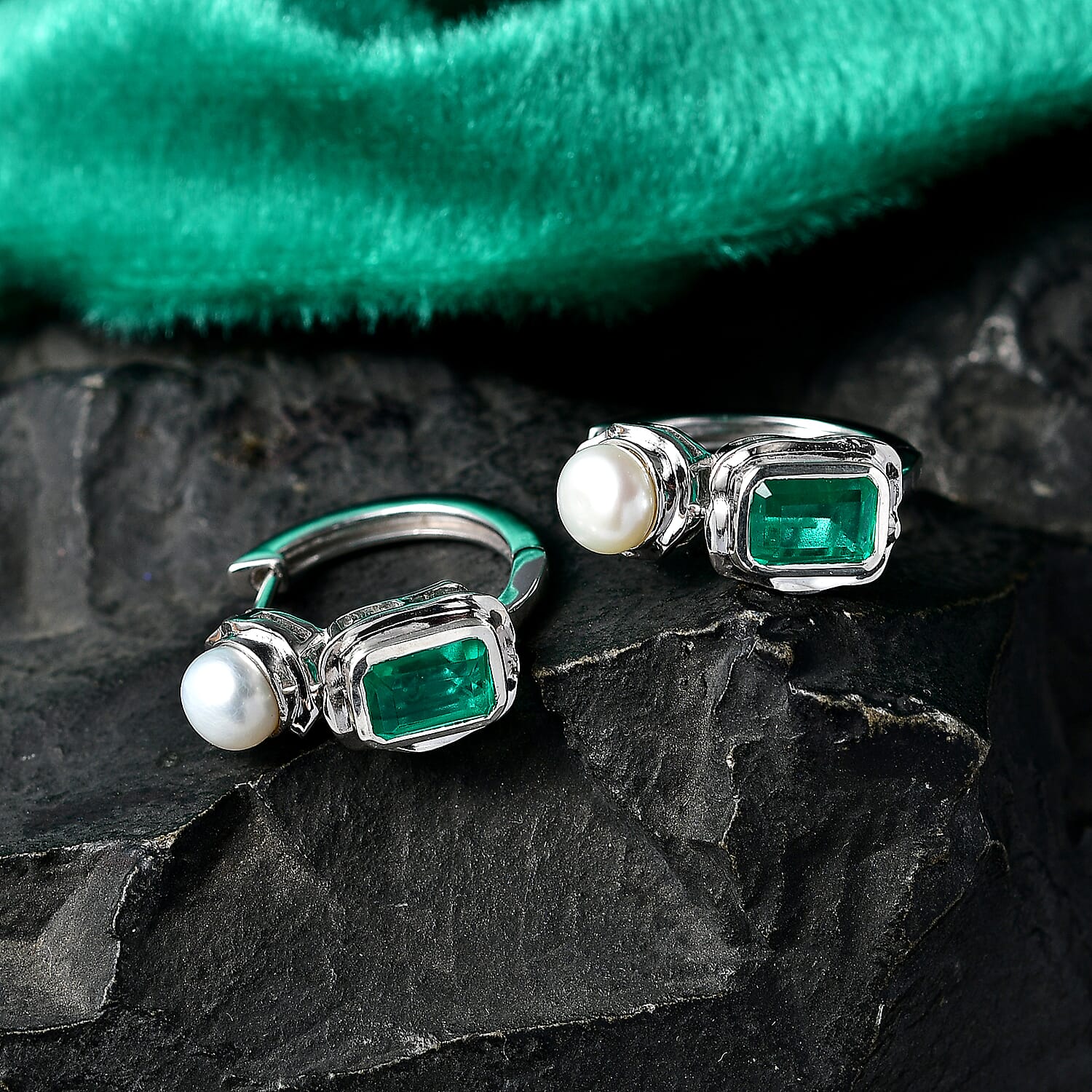 GP Emeraldine Triplet Quartz, Fresh Water Pearl & Kanchanaburi Blue Sapphire Full Hoop Earring in Rhodium Overlay Sterling Silver 3.90 Ct.