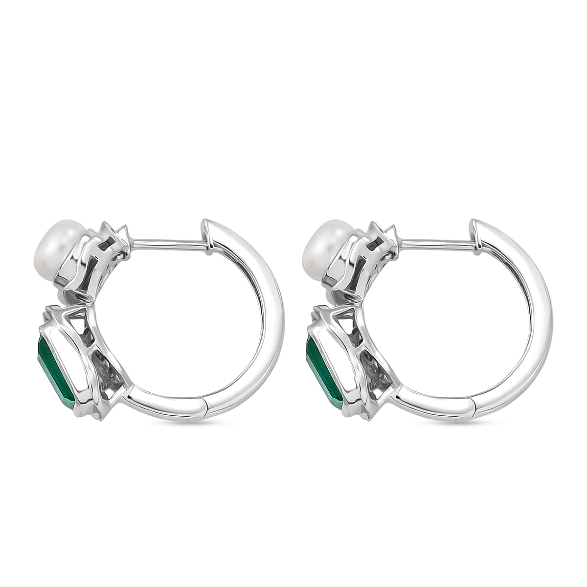 GP Emeraldine Triplet Quartz, Fresh Water Pearl & Kanchanaburi Blue Sapphire Full Hoop Earring in Rhodium Overlay Sterling Silver 3.90 Ct.