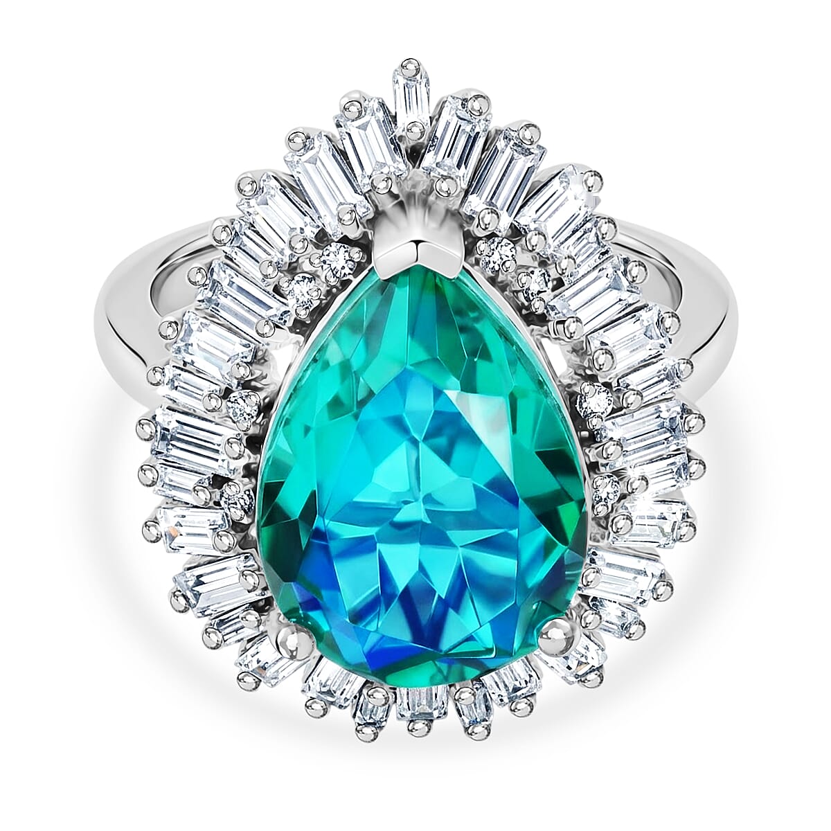 D'Joy - Peacock Triplet Quartz & Moissanite Pear Cut Halo Ring in Rhodium Overlay Sterling Silver 6.54 Ct.