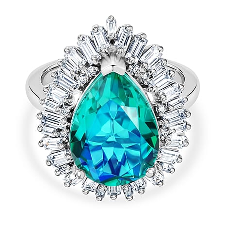 D'Joy Peacock Triplet Quartz, Moissanite Half Eternity Band Ring in Rhodium OverlaySterling Silver  6.542  Ct.