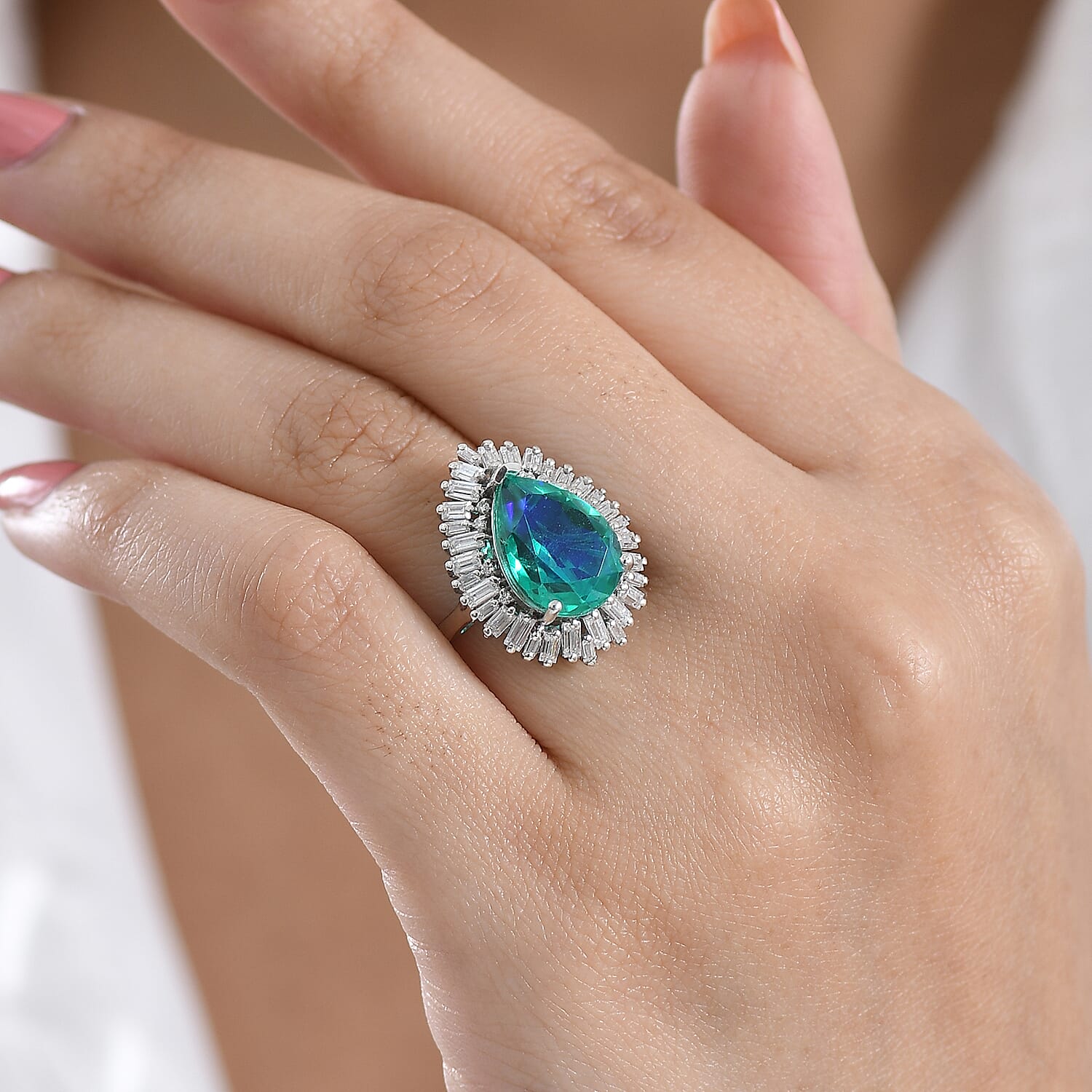 D'Joy - Peacock Triplet Quartz & Moissanite Pear Cut Halo Ring in Rhodium Overlay Sterling Silver 6.54 Ct.