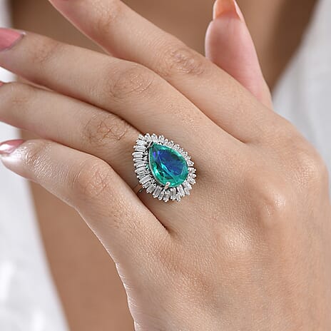 D'Joy Peacock Triplet Quartz, Moissanite Half Eternity Band Ring in Rhodium OverlaySterling Silver  6.542  Ct.