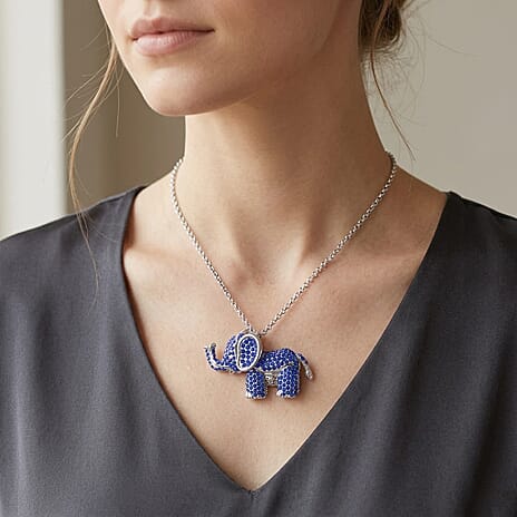 Blue & Black Crystal Glamorous Elephant Theme Necklace (Size - 24-2 Ext) in Silver Tone