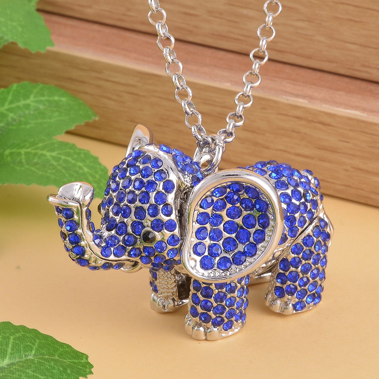 Blue & Black Crystal Glamorous Elephant Theme Necklace (Size - 24-2 Ext) in Silver Tone