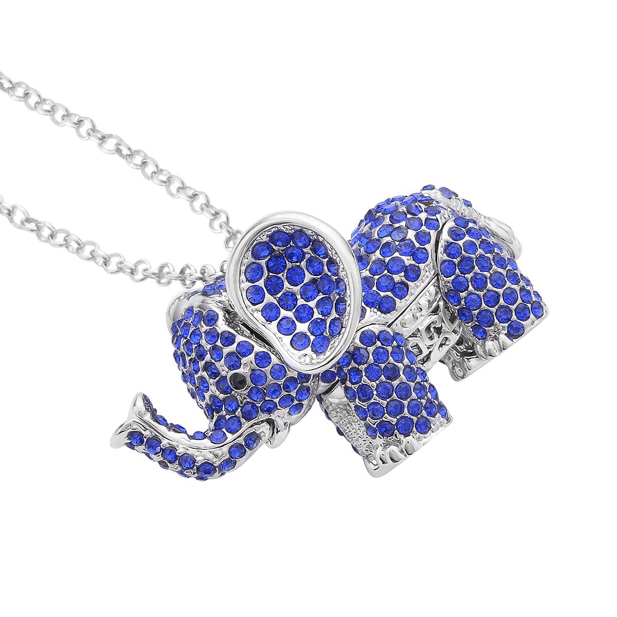 Blue & Black Crystal Glamorous Elephant Theme Necklace (Size - 24-2 Ext) in Silver Tone
