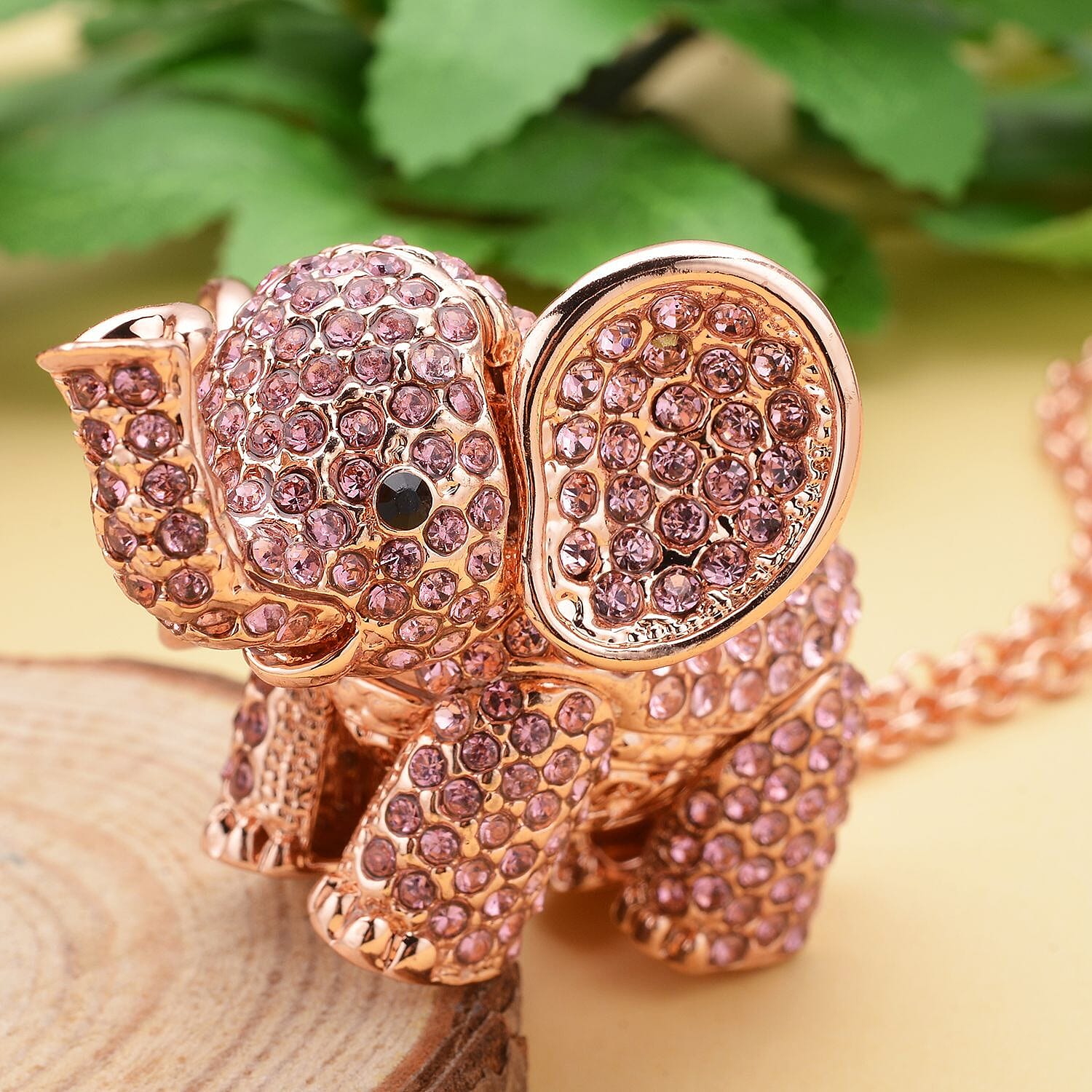 Pink & Black Crystal Glamorous Elephant Theme Necklace (Size - 24-2 Ext) in Rose Gold Tone
