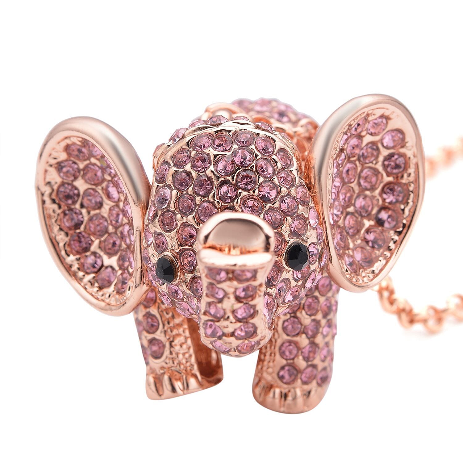 Pink & Black Crystal Glamorous Elephant Theme Necklace (Size - 24-2 Ext) in Rose Gold Tone