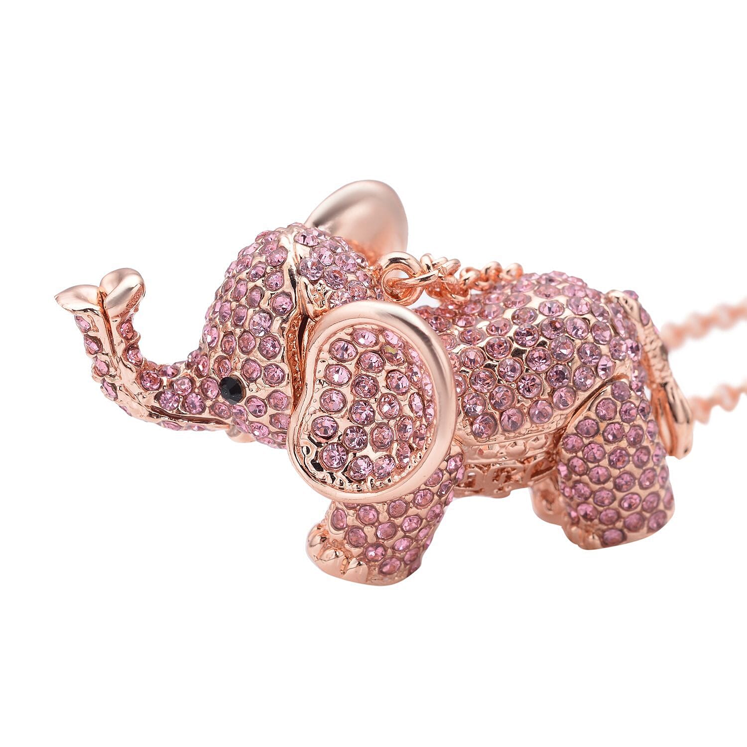 Pink & Black Crystal Glamorous Elephant Theme Necklace (Size - 24-2 Ext) in Rose Gold Tone