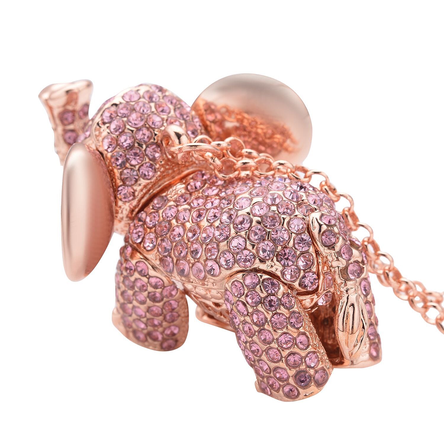 Pink & Black Crystal Glamorous Elephant Theme Necklace (Size - 24-2 Ext) in Rose Gold Tone
