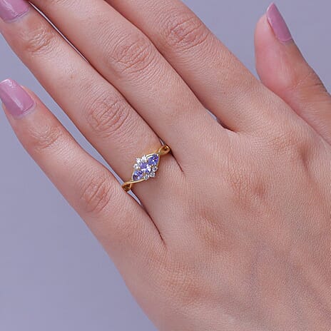 Royal Bali Collection - D'Joy Tanzanite & White Zircon Trilogy Ring in 18K Vermeil Yellow Gold Plated Sterling Silver