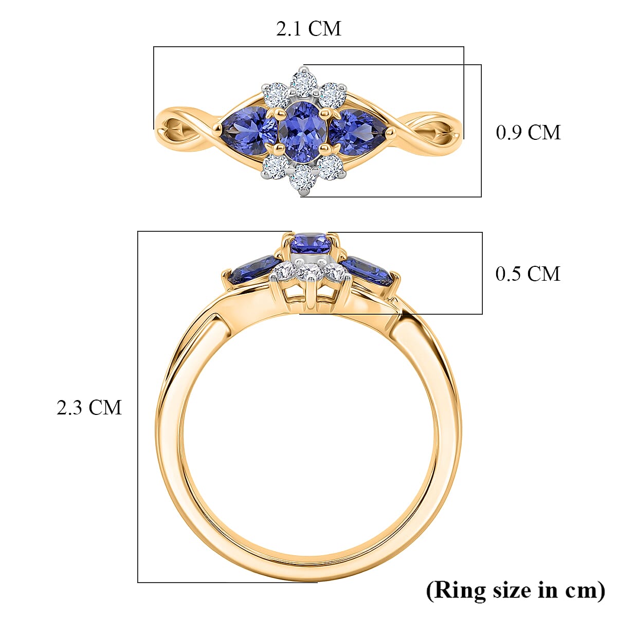Tanzanite, White Zircon Cluster Ring in 18K YG VermeilSterling Silver  0.661  Ct.