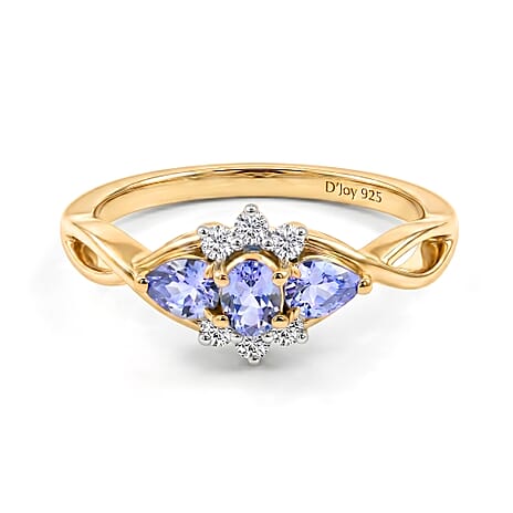Royal Bali Collection - D'Joy Tanzanite & White Zircon Trilogy Ring in 18K Vermeil Yellow Gold Plated Sterling Silver