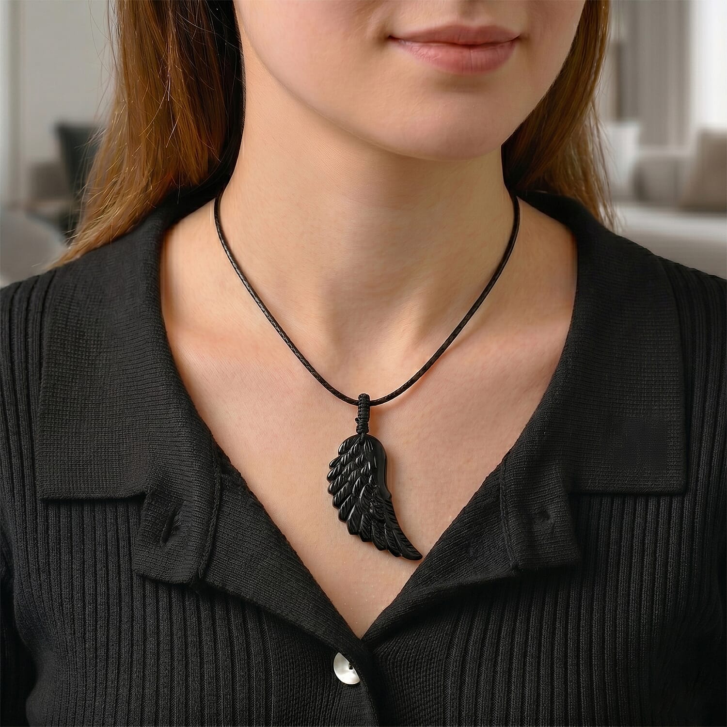 Shungite Carved Angel Wing Adjustable Necklace (Size - 27) 30.00 Ct.