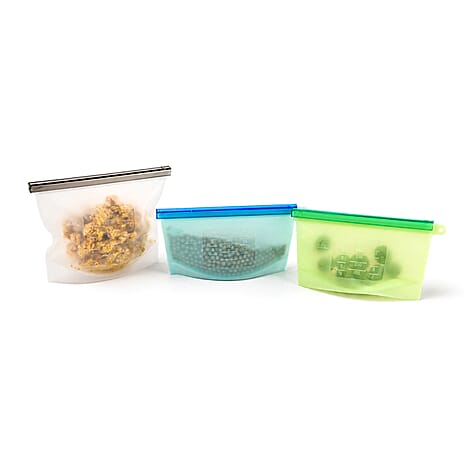LIVMORE Set of 3 Reusable Silicone Food Bag leakproof, Heat Resistant and Dishwasher Safe