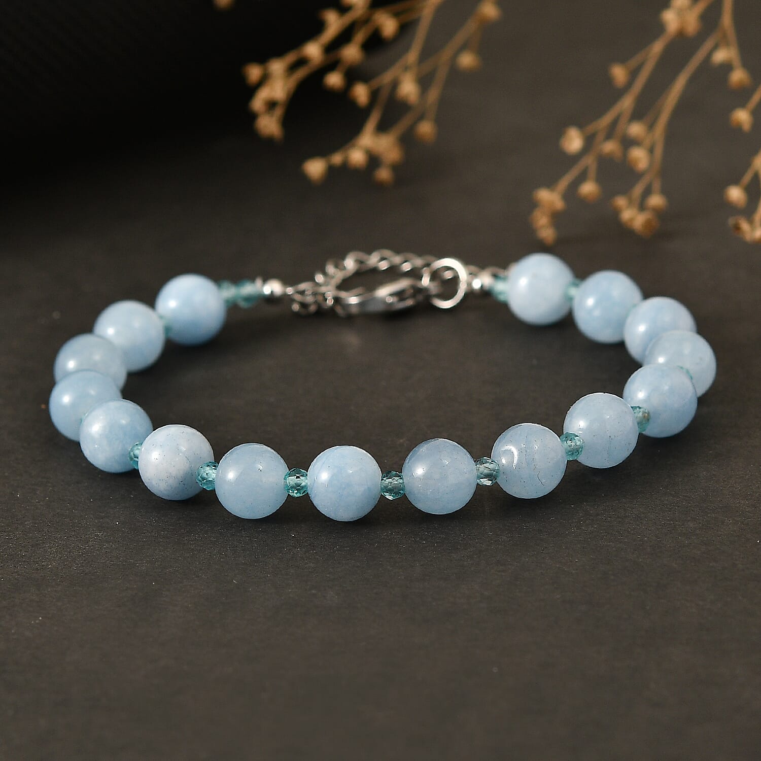 EverTrue - Milky Aquamarine & Blue Apatite Beads Bracelet (Size - 7.5-2 Ext) 63.00 Ct.