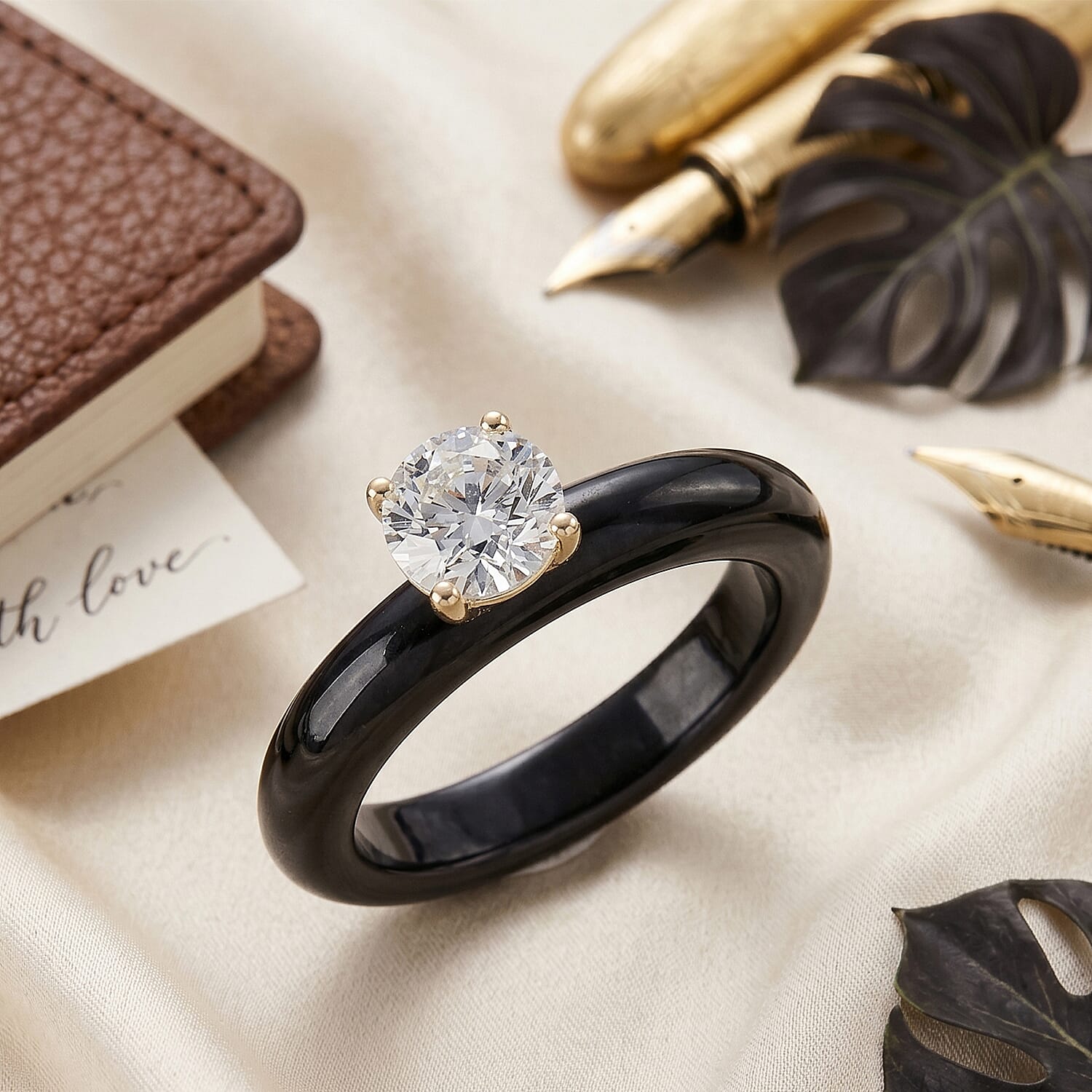 D'Joy 9K Yellow Gold Natural Black Boot Jade and Lab Grown Diamond (SI-G-H 1.00 Cts) Ring.