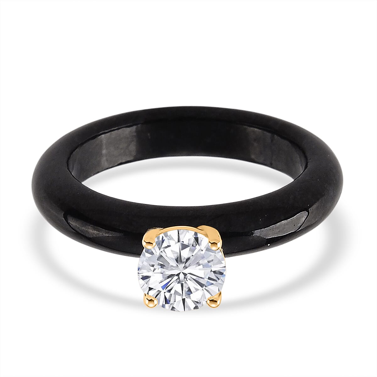 9K Yellow Gold Natural Boots Black Jadeite & Lab Grown Diamond (SI-G-H 1.00 Ct) Solitaire Band Ring 16.50 Ct