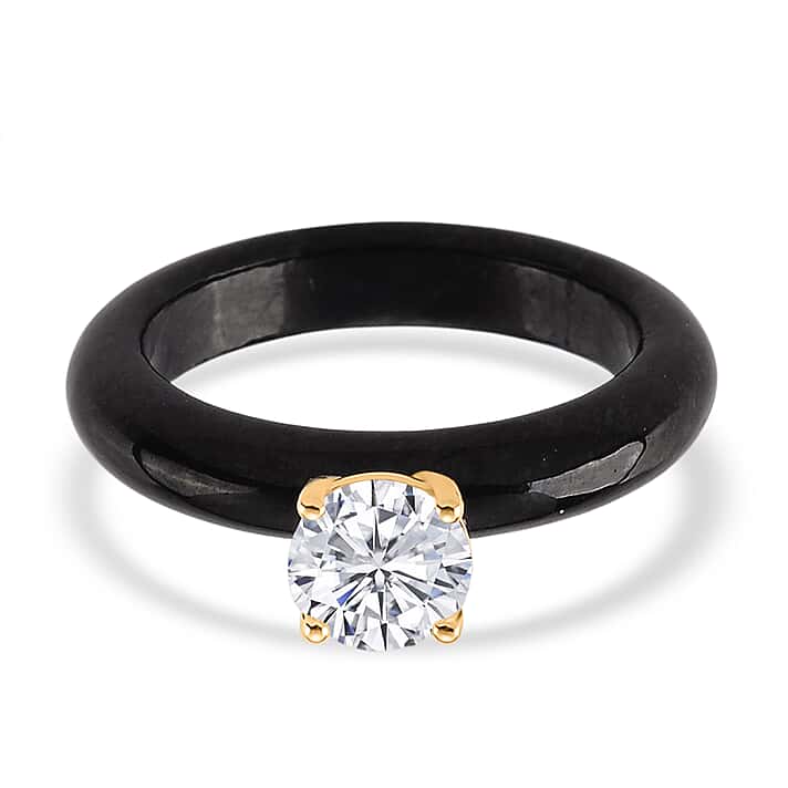 9K Yellow Gold Natural Boots Black Jadeite & Lab Grown Diamond (SI-G-H 1.00 Ct) Solitaire Band Ring 16.50 Ct