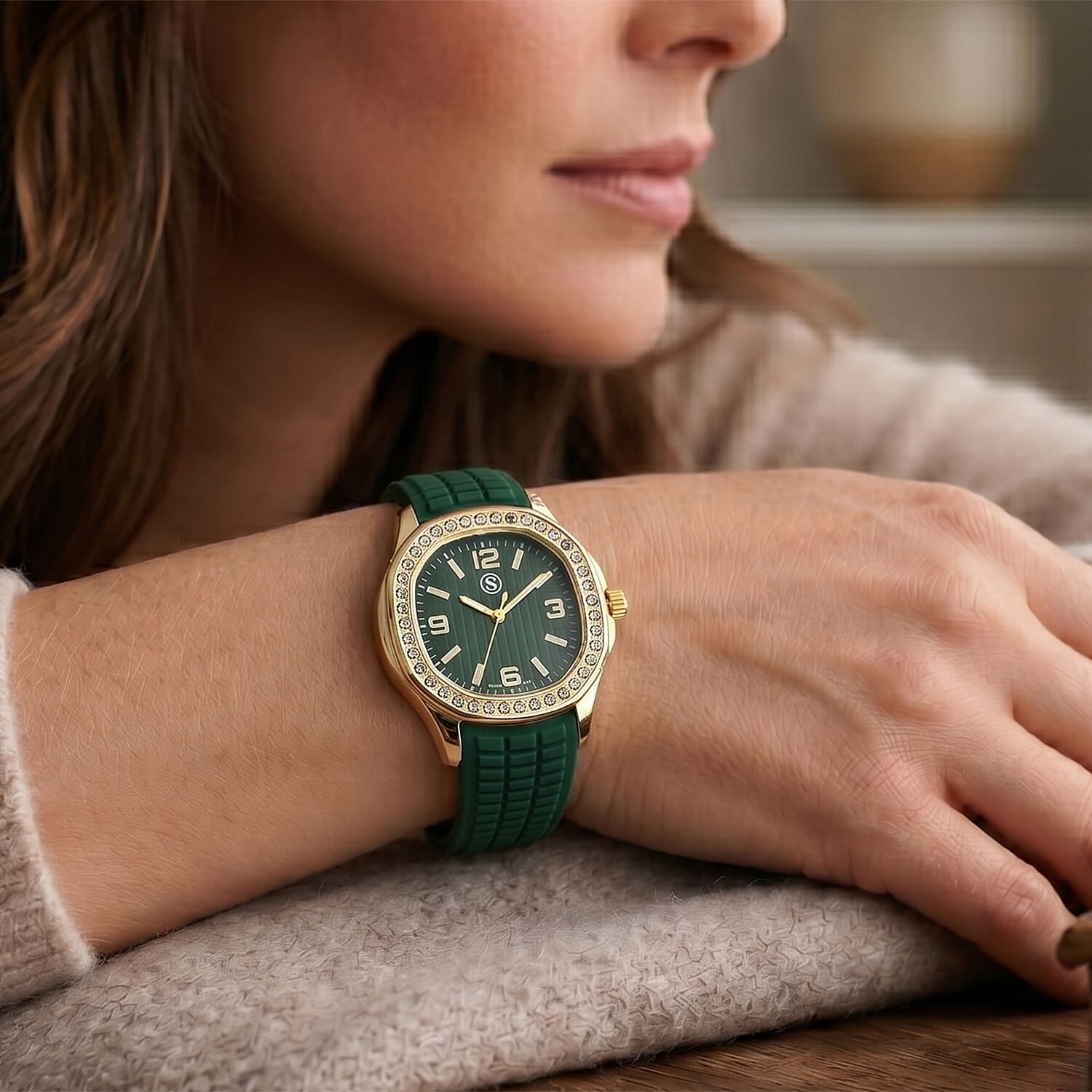 STRADA Classic PC21S Japan Movement Water Resistant Green Hydraulic Literal Dial & PNP Gold Plating Unisex Watch with Green Silicone Strap