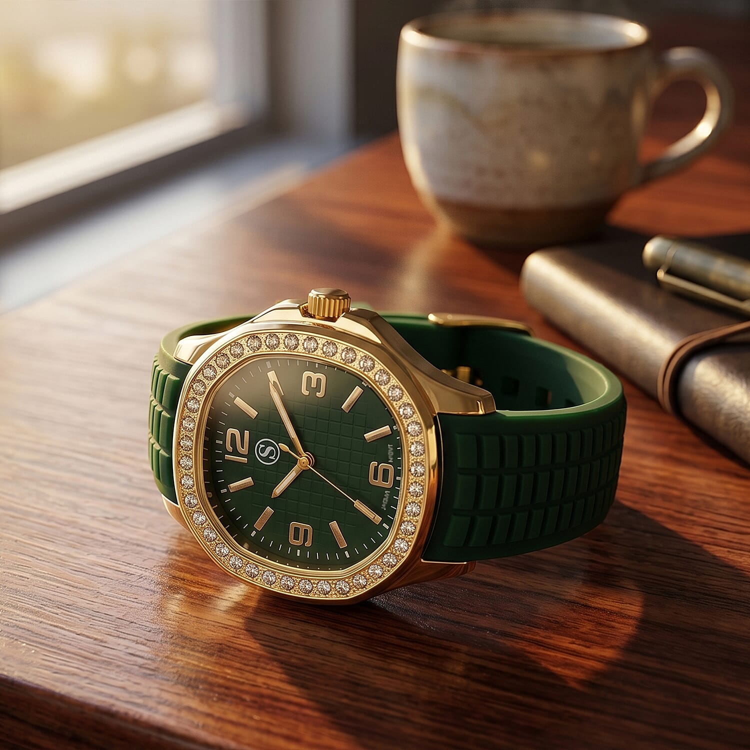 STRADA Classic PC21S Japan Movement Water Resistant Green Hydraulic Literal Dial & PNP Gold Plating Unisex Watch with Green Silicone Strap