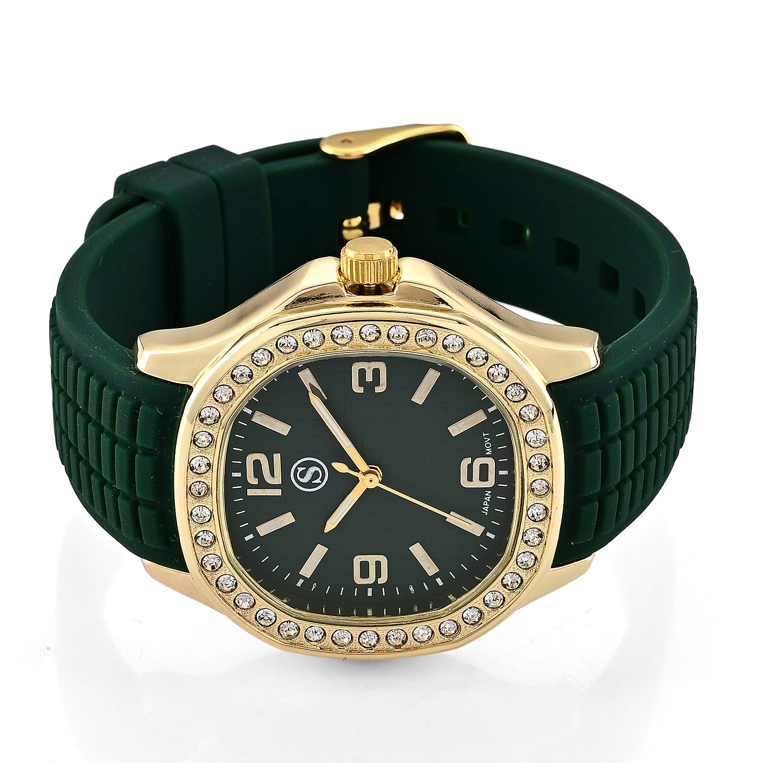 STRADA Classic PC21S Japan Movement Water Resistant Green Hydraulic Literal Dial & PNP Gold Plating Unisex Watch with Green Silicone Strap