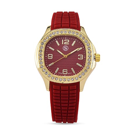 STRADA Classic PC21S Japan Movement Water Resistant Dark Red Hydraulic Literal Dial & PNP Gold Plating Unisex Watch with Dark Red Silicone Strap