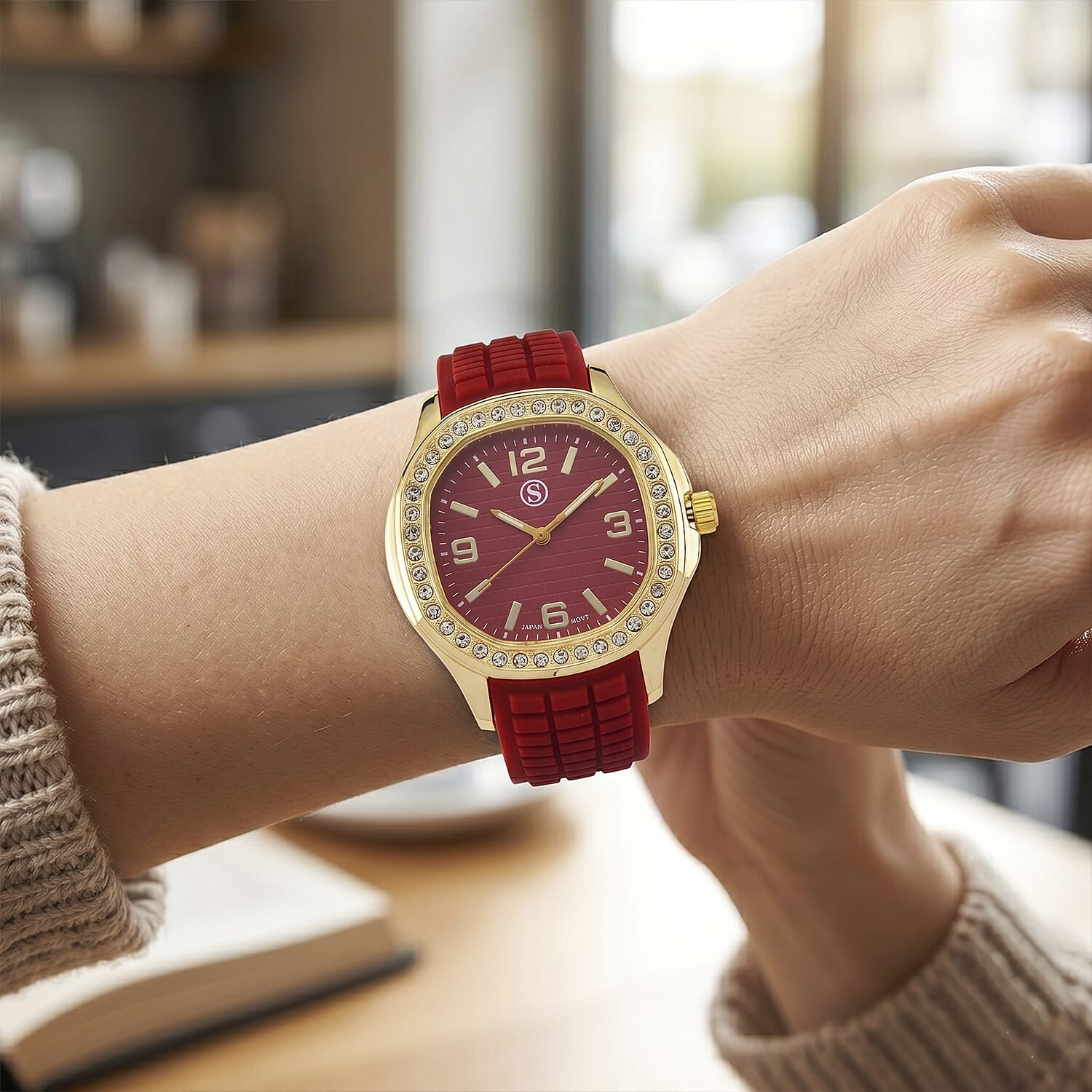 STRADA Classic PC21S Japan Movement Water Resistant Dark Red Hydraulic Literal Dial & PNP Gold Plating Unisex Watch with Dark Red Silicone Strap