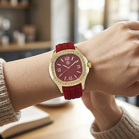 STRADA Classic PC21S Japan Movement Water Resistant Dark Red Hydraulic Literal Dial & PNP Gold Plating Unisex Watch with Dark Red Silicone Strap