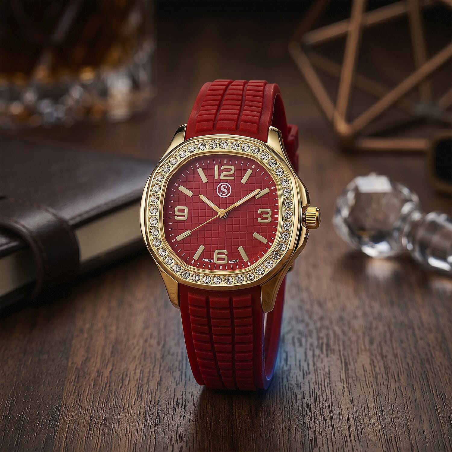 STRADA Classic PC21S Japan Movement Water Resistant Dark Red Hydraulic Literal Dial & PNP Gold Plating Unisex Watch with Dark Red Silicone Strap