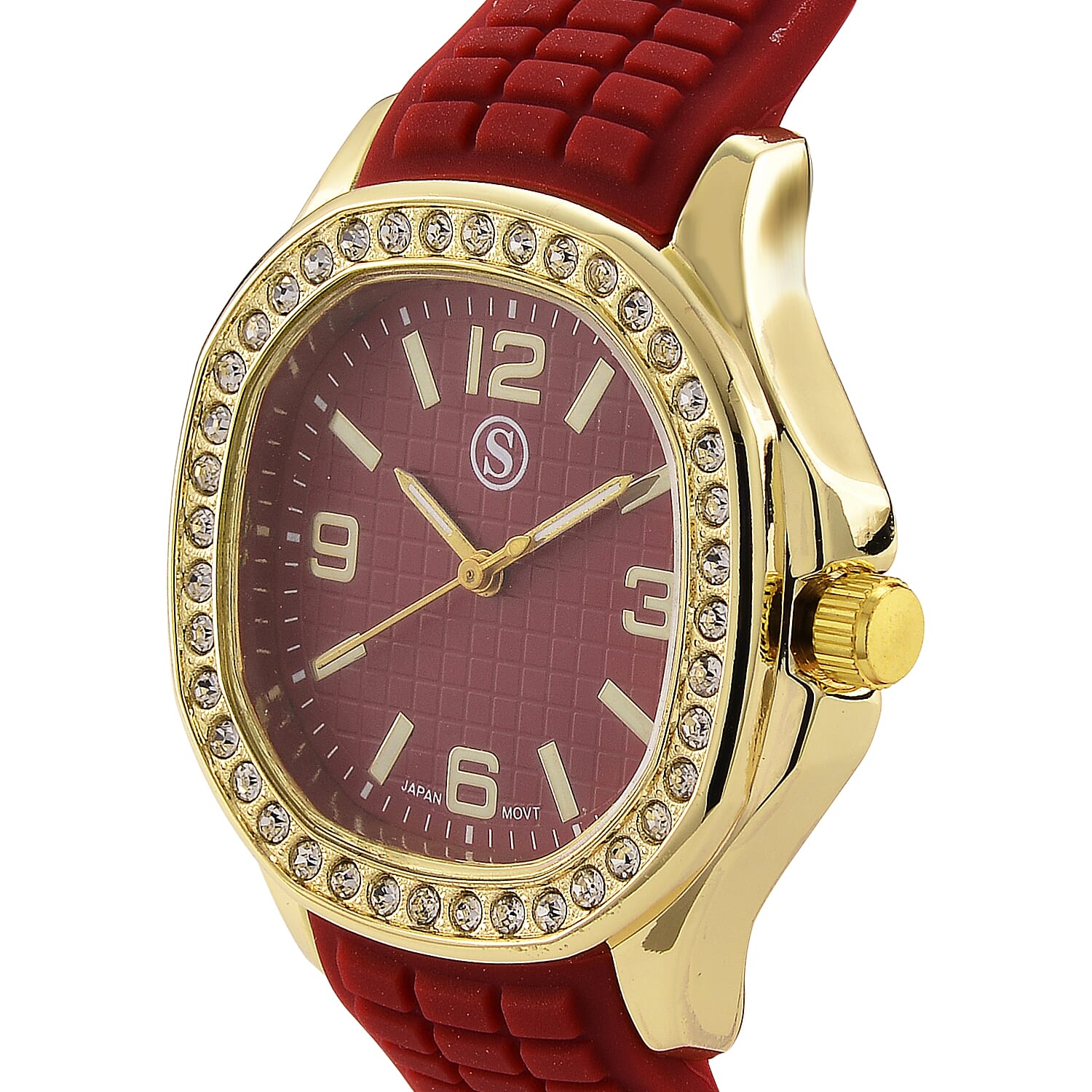 STRADA Classic PC21S Japan Movement Water Resistant Dark Red Hydraulic Literal Dial & PNP Gold Plating Unisex Watch with Dark Red Silicone Strap
