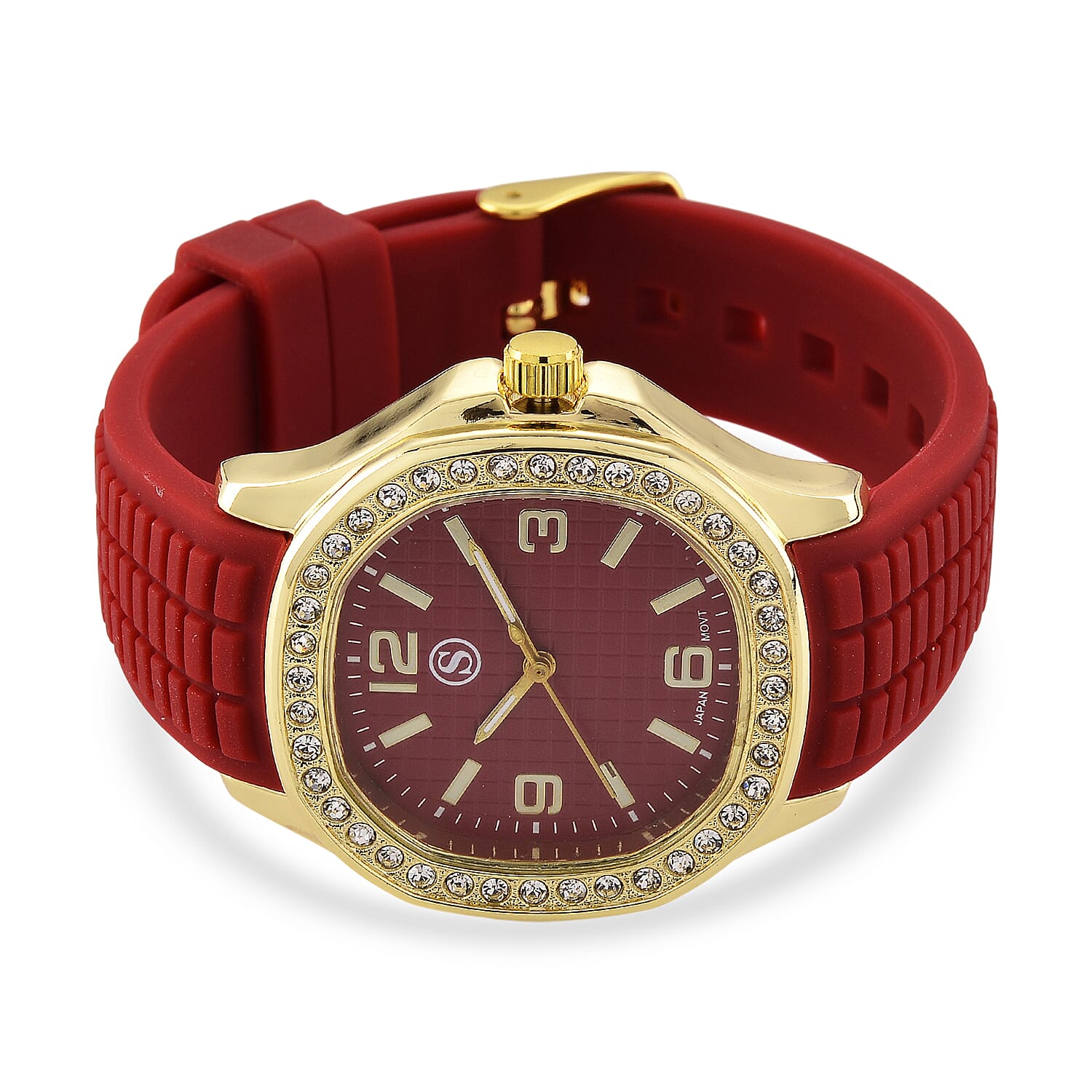 STRADA Classic PC21S Japan Movement Water Resistant Dark Red Hydraulic Literal Dial & PNP Gold Plating Unisex Watch with Dark Red Silicone Strap