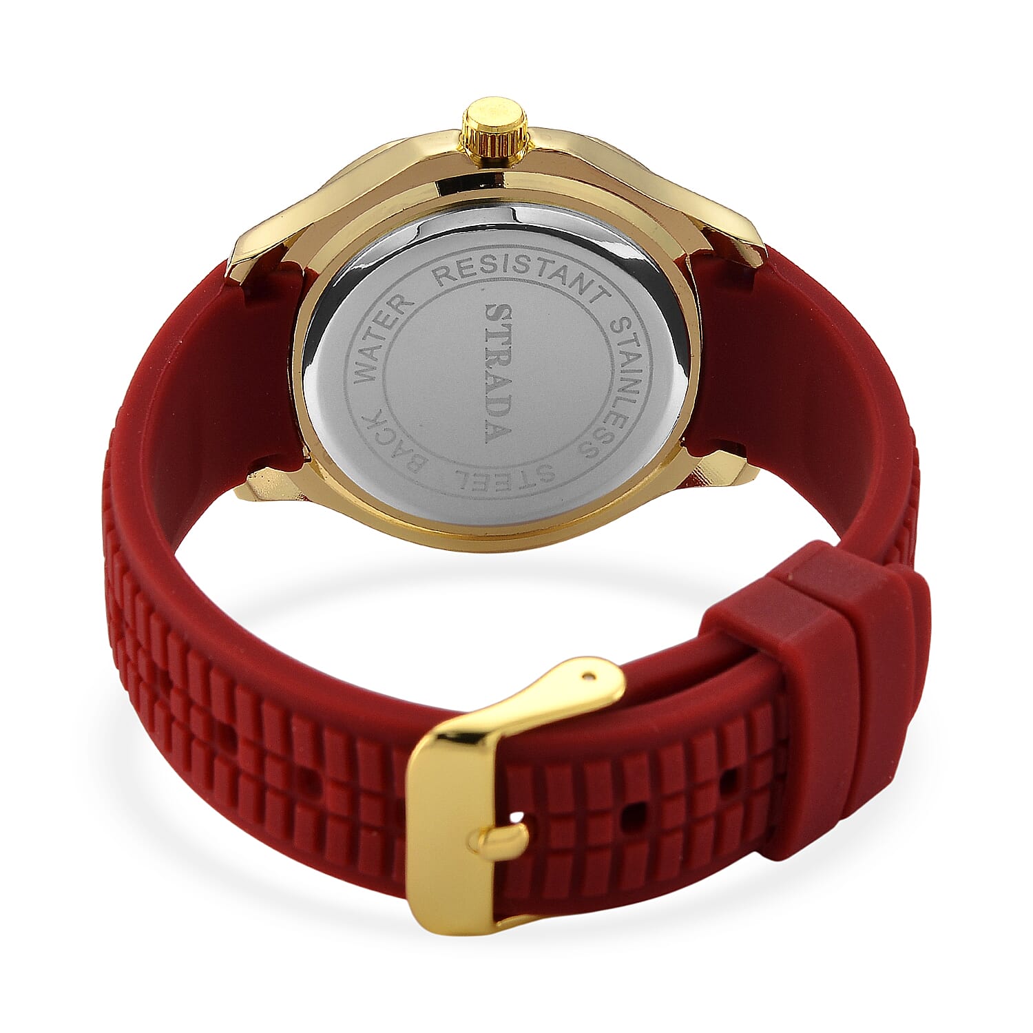 STRADA Classic PC21S Japan Movement Water Resistant Dark Red Hydraulic Literal Dial & PNP Gold Plating Unisex Watch with Dark Red Silicone Strap