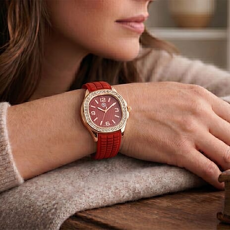 STRADA Classic PC21S Japan Movement Water Resistant Red Hydraulic Literal Dial & PNP Rose Gold Plating Unisex Watch with Red Silicone Strap