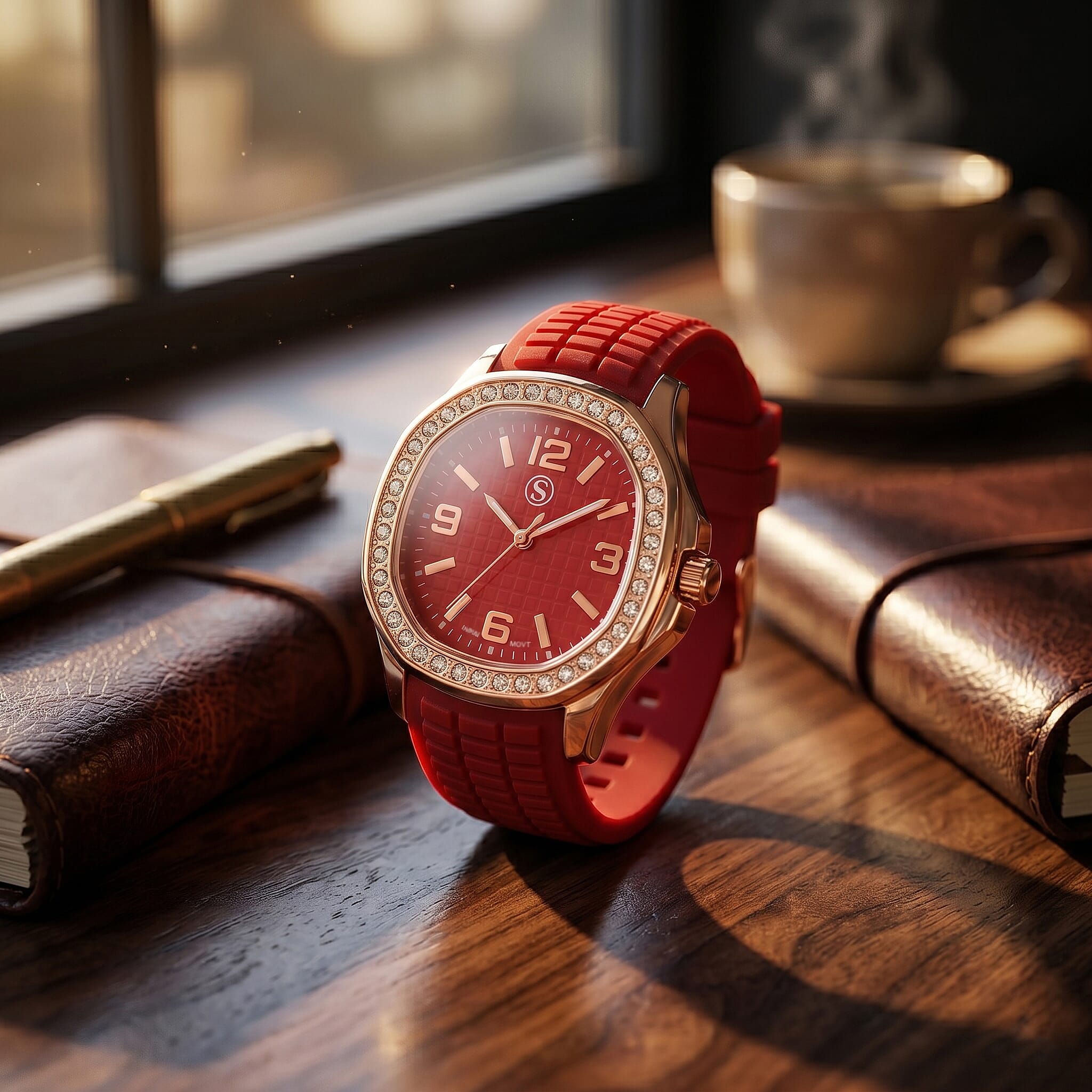 STRADA Classic PC21S Japan Movement Water Resistant Red Hydraulic Literal Dial & PNP Rose Gold Plating Unisex Watch with Red Silicone Strap