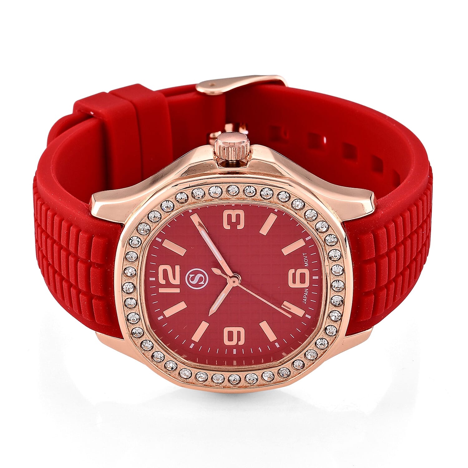 STRADA Classic PC21S Japan Movement Water Resistant Red Hydraulic Literal Dial & PNP Rose Gold Plating Unisex Watch with Red Silicone Strap
