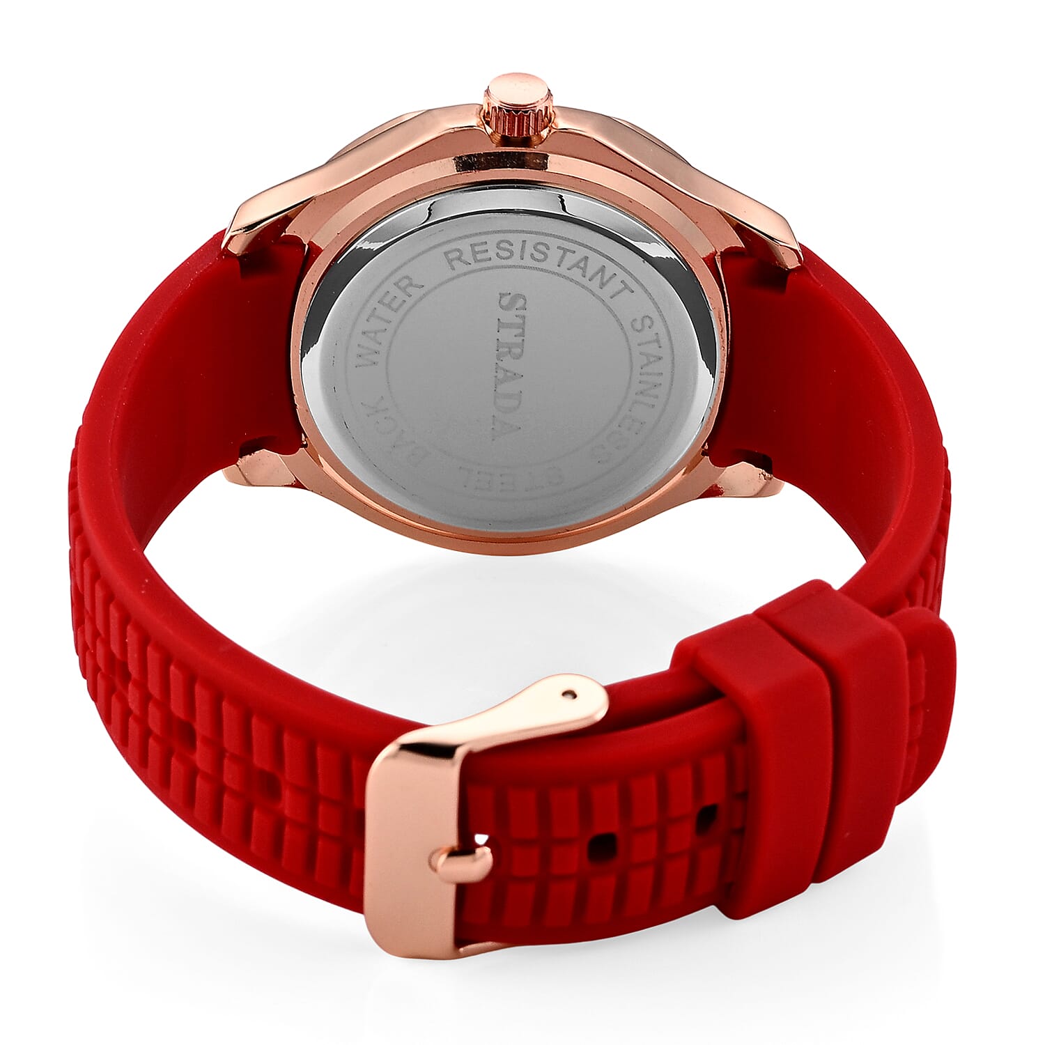 STRADA Classic PC21S Japan Movement Water Resistant Red Hydraulic Literal Dial & PNP Rose Gold Plating Unisex Watch with Red Silicone Strap