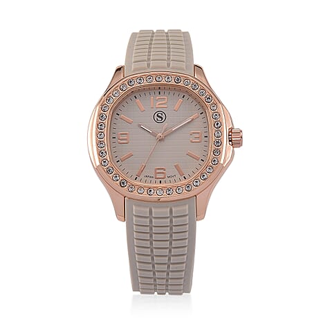 STRADA Classic PC21S Japan Movement Water Resistant Khaki Hydraulic Literal Dial & PNP Rose Gold Plating Unisex Watch with Khaki Silicone Strap
