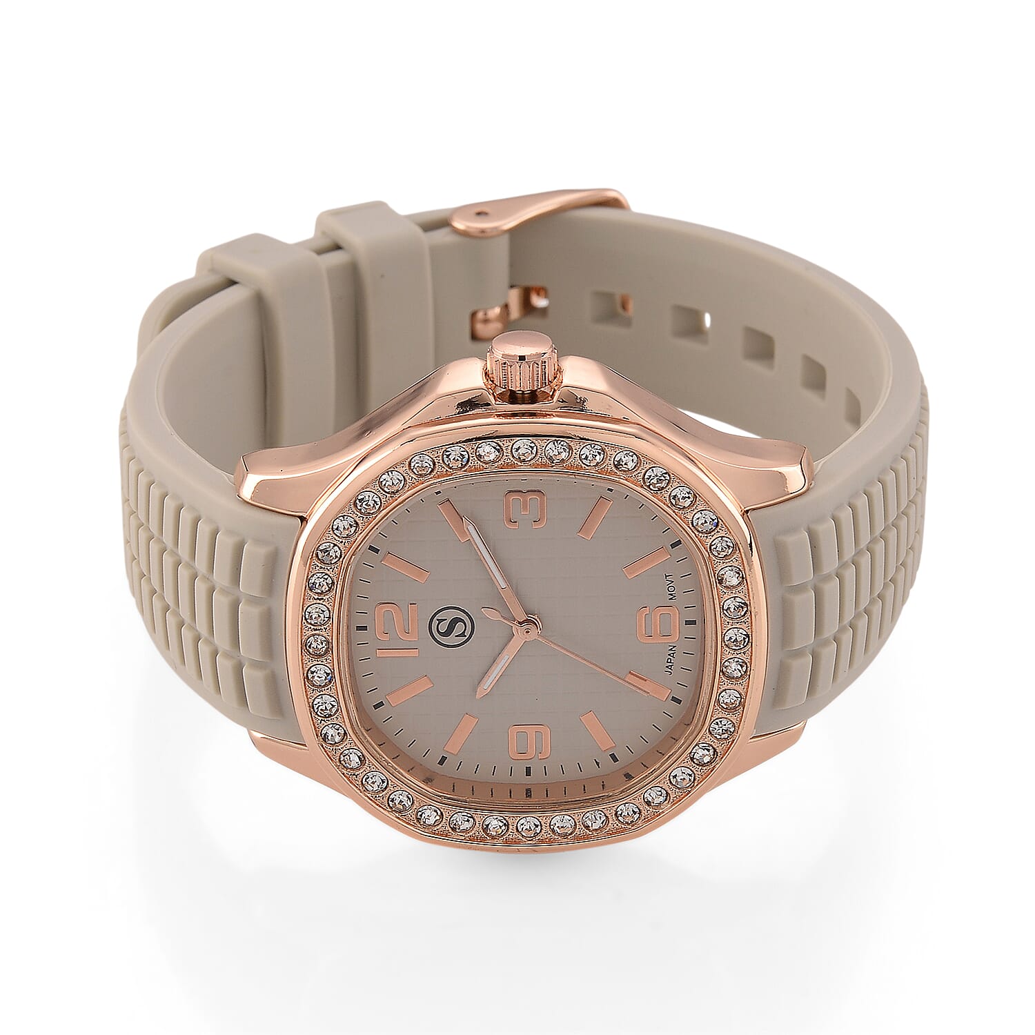 STRADA Classic PC21S Japan Movement Water Resistant Khaki Hydraulic Literal Dial & PNP Rose Gold Plating Unisex Watch with Khaki Silicone Strap