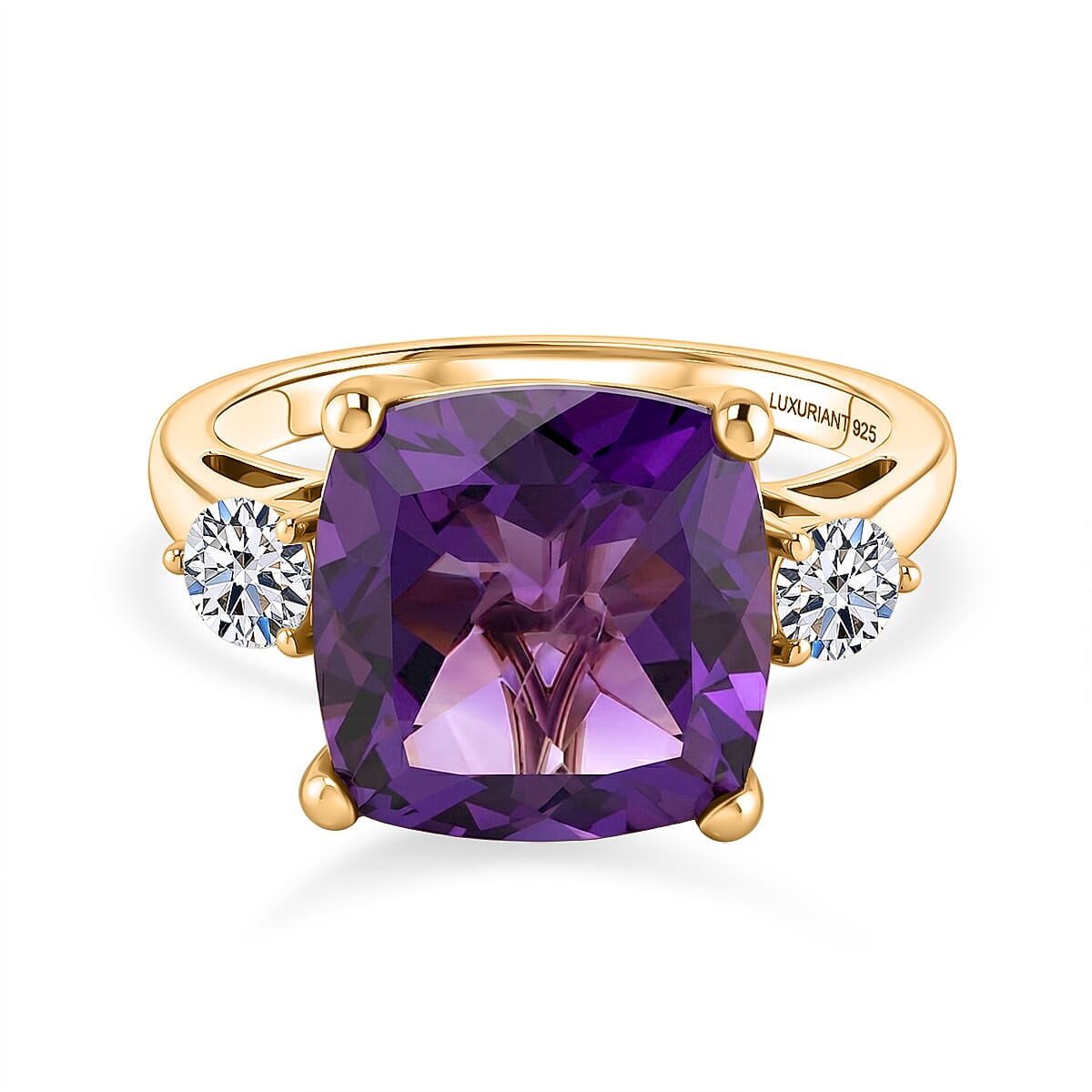 Luxuriant - African Amethyst & Lab Grown Diamond (SI-G-H) Trilogy Ring in 18K Vermeil Yellow Gold Plated Sterling Silver 5.47 Ct.