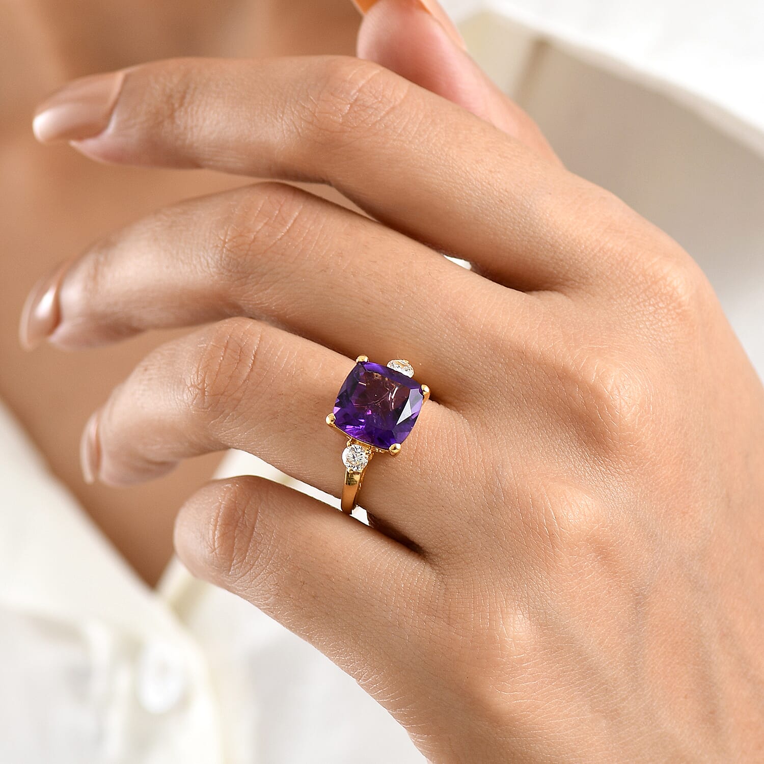 Luxuriant - African Amethyst & Lab Grown Diamond (SI-G-H) Trilogy Ring in 18K Vermeil Yellow Gold Plated Sterling Silver 5.47 Ct.