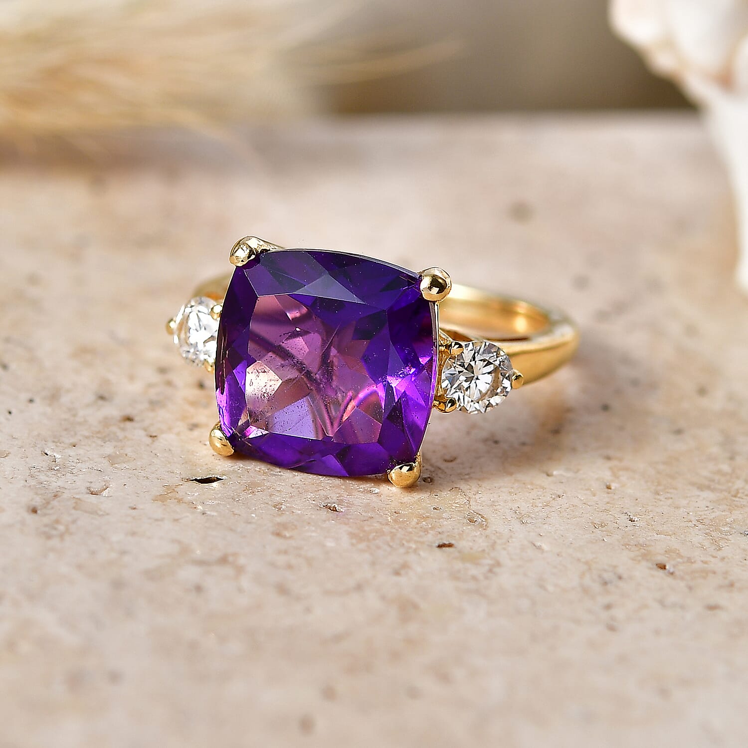Luxuriant - African Amethyst & Lab Grown Diamond (SI-G-H) Trilogy Ring in 18K Vermeil Yellow Gold Plated Sterling Silver 5.47 Ct.