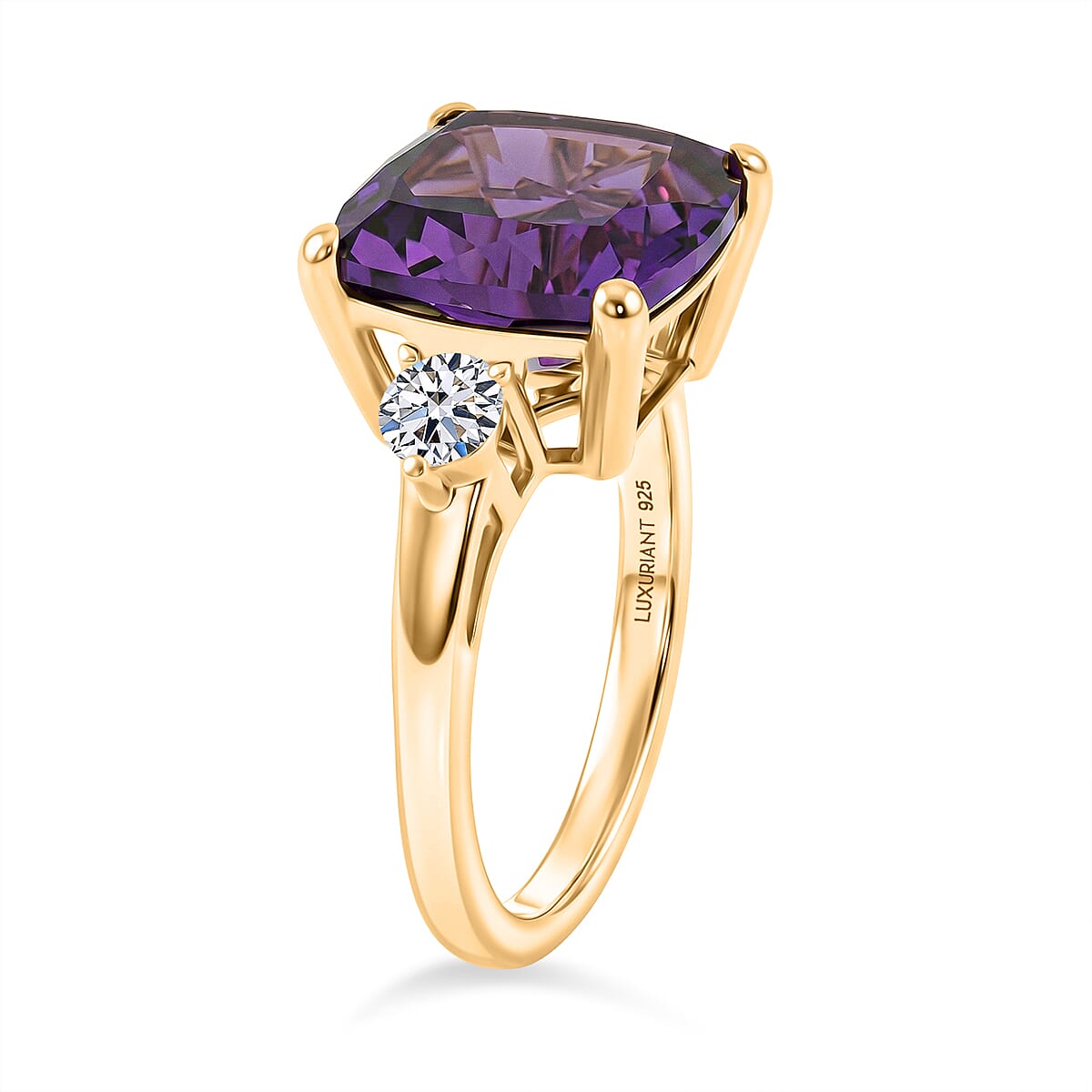 Luxuriant - African Amethyst & Lab Grown Diamond (SI-G-H) Trilogy Ring in 18K Vermeil Yellow Gold Plated Sterling Silver 5.47 Ct.