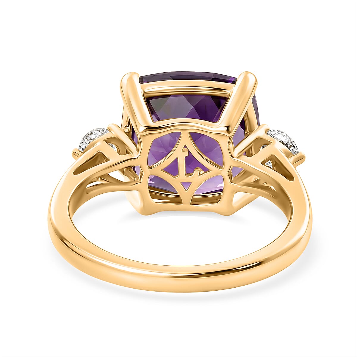 Luxuriant - African Amethyst & Lab Grown Diamond (SI-G-H) Trilogy Ring in 18K Vermeil Yellow Gold Plated Sterling Silver 5.47 Ct.