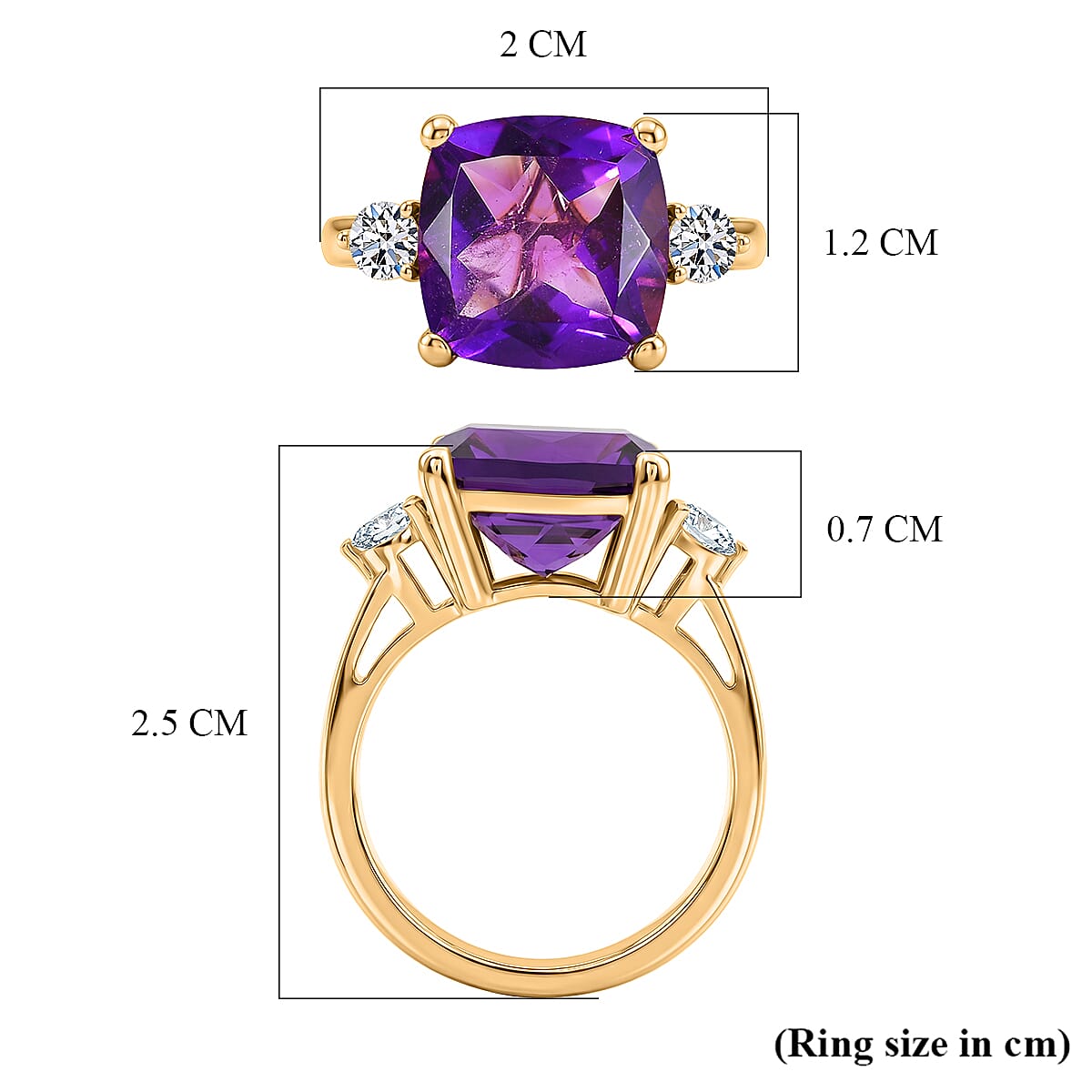 Luxuriant - African Amethyst & Lab Grown Diamond (SI-G-H) Trilogy Ring in 18K Vermeil Yellow Gold Plated Sterling Silver 5.47 Ct.