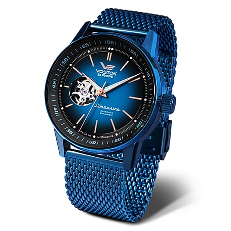 VOSTOK EUROPE Limousine Automatic 5ATM WR Black Dial Mens Watch with Blue Colour Mesh Stainless Steel Strap - Blue NH38-560D681-M