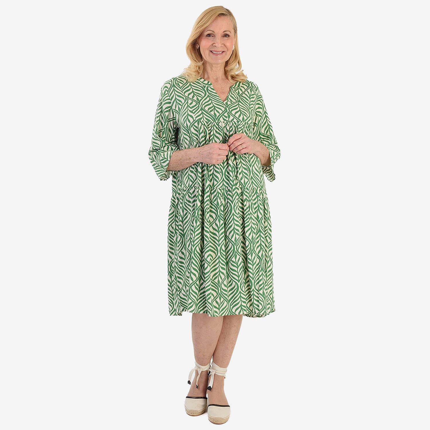New Look Printed Midi Dress (Size 14) - Green & White