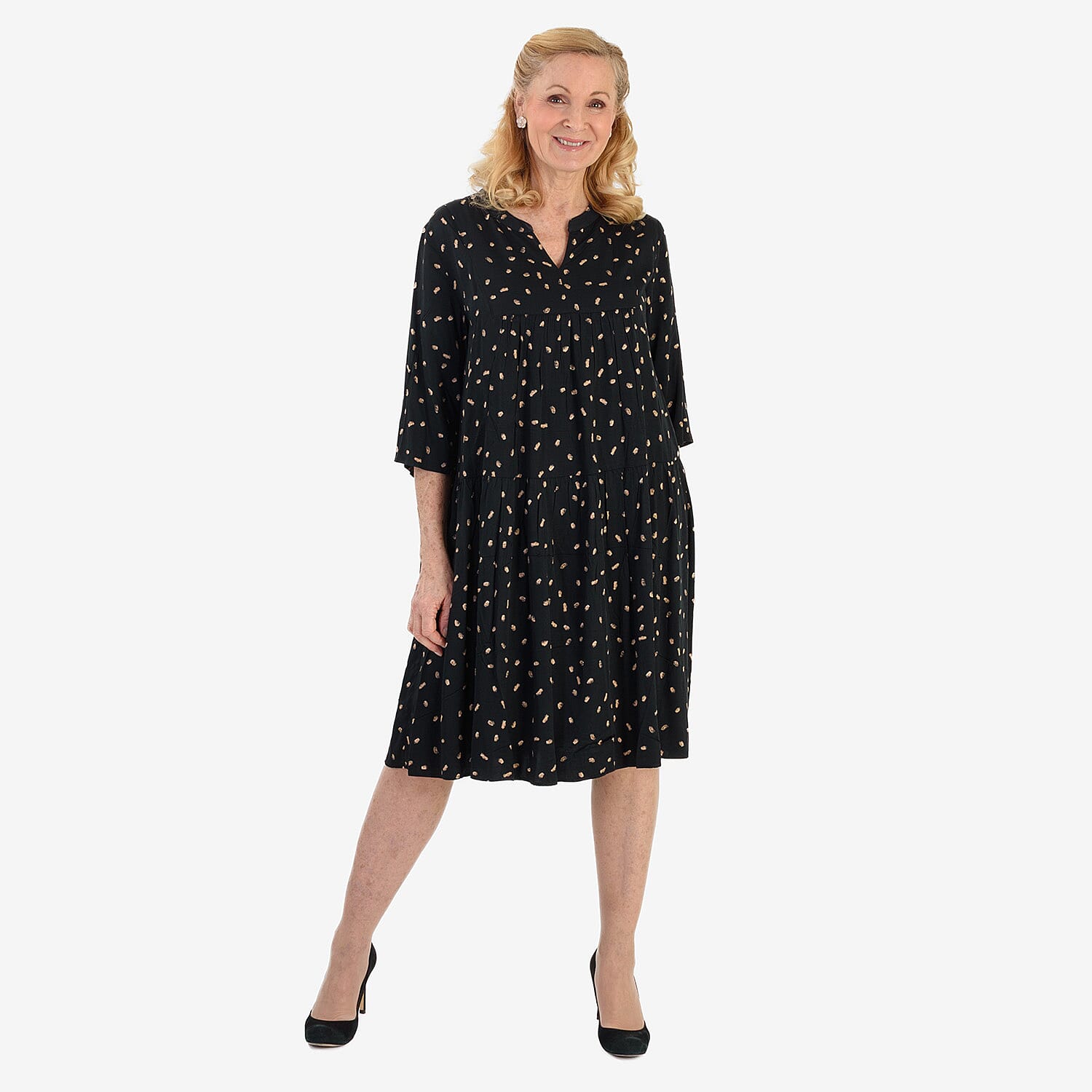 New Look Dot Print Midi Dress (Size 14) - Black & Beige