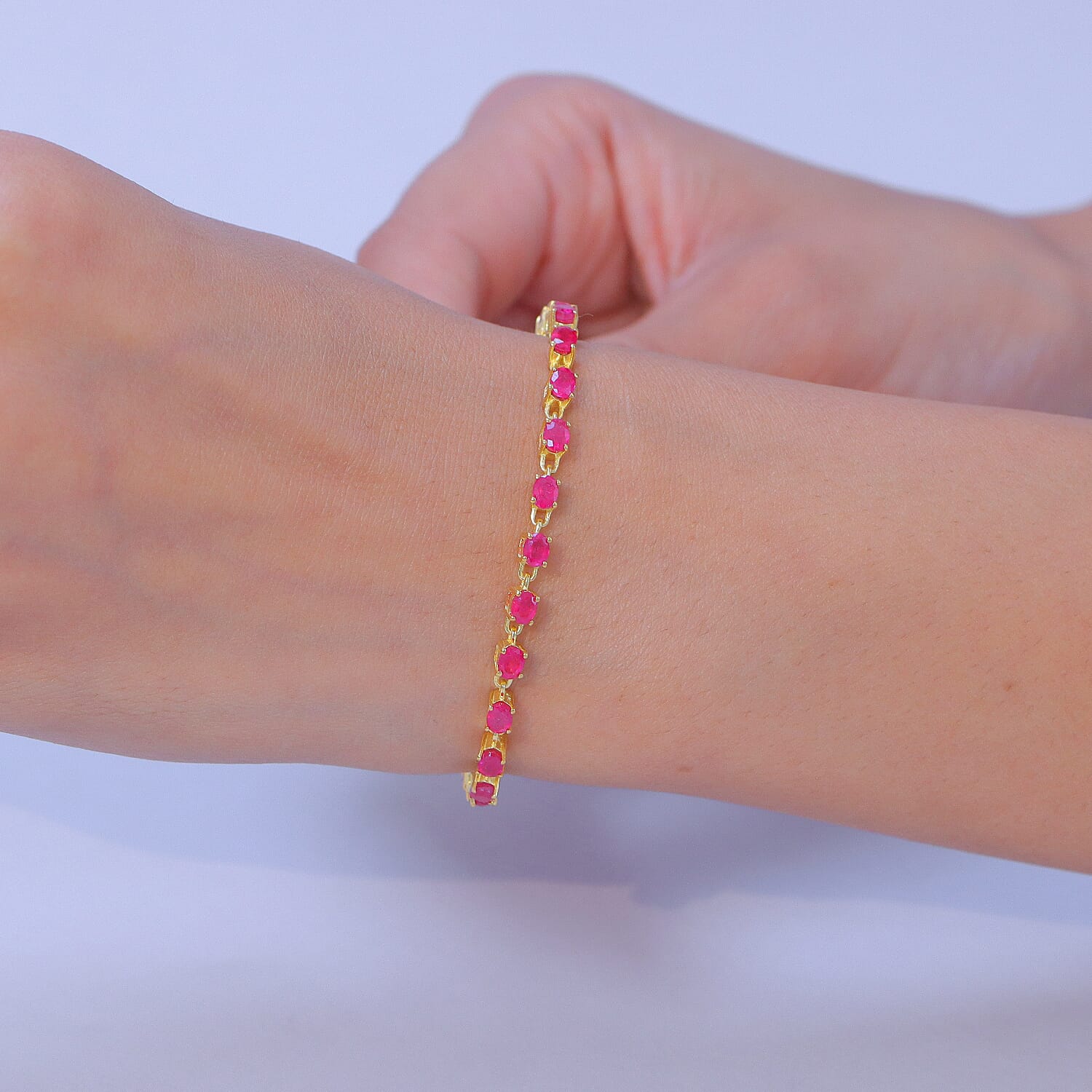 EverTrue - African Ruby Tennis Bracelet (Size - 7-2 Ext) with Lobster Clasp in Yellow Gold Tone 5.22 Ct.